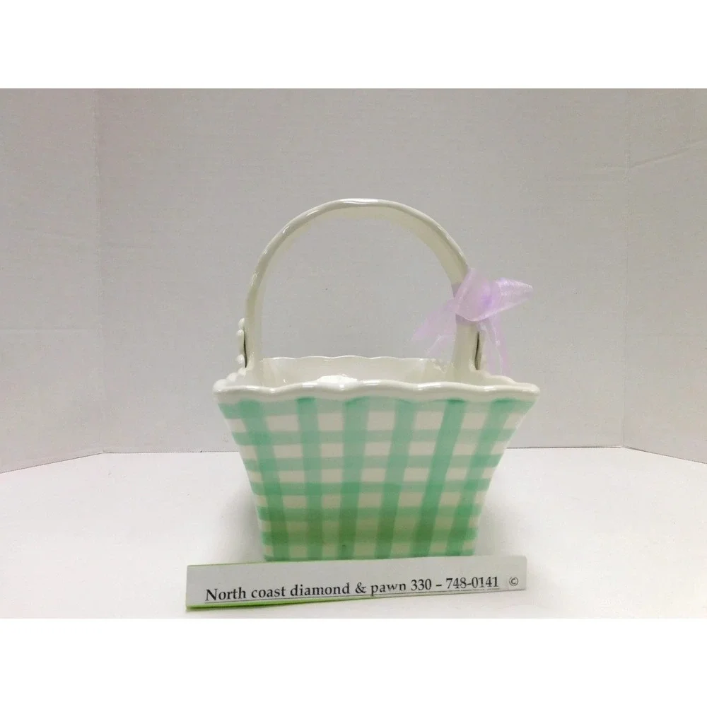 Teleflora Ceramic Basket Green Gingham Check Daisy Flower Easter Planter DW84